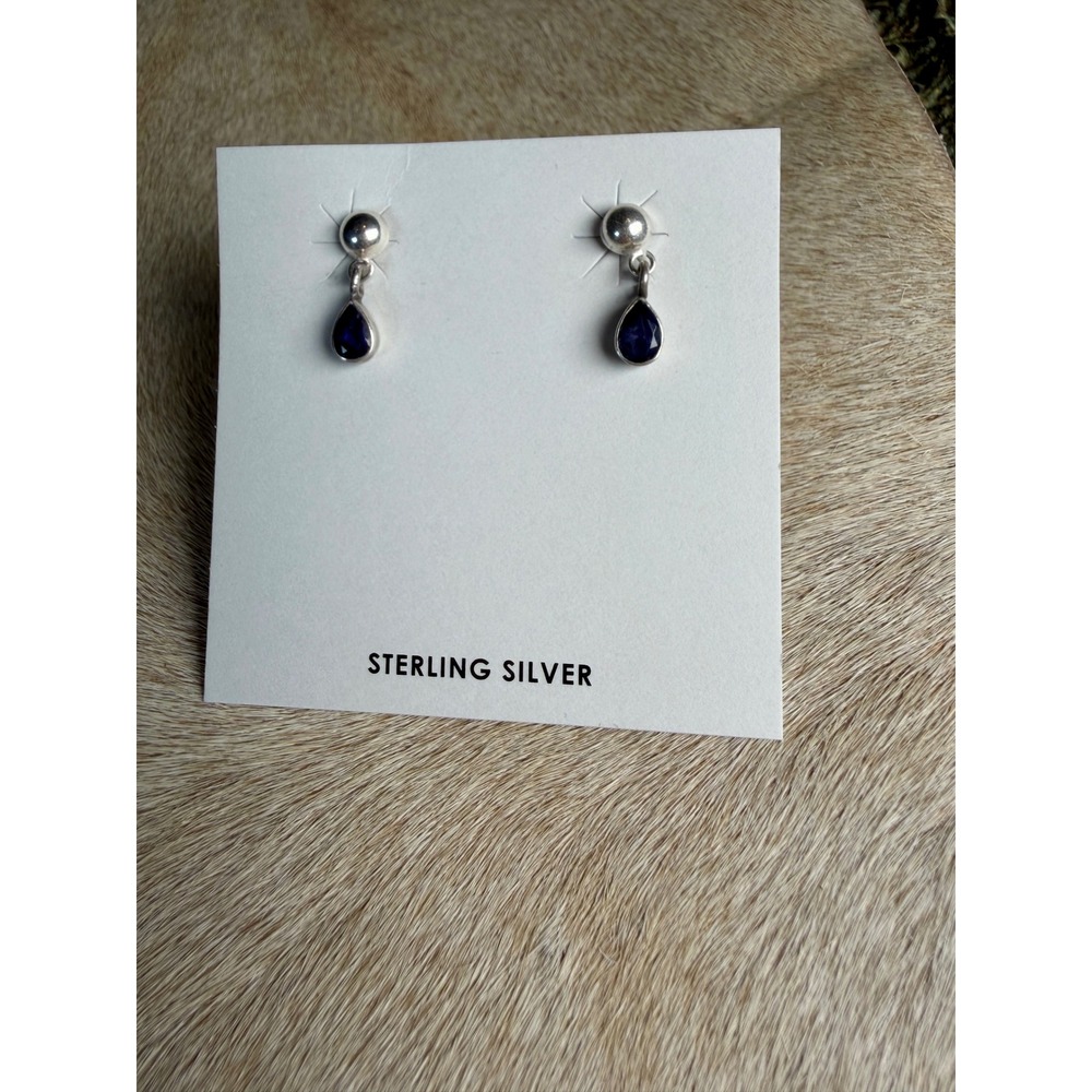 Sterling Silver 925 Blue Teardrop Dangle Earrings Ball Stud Pear Cut Drop